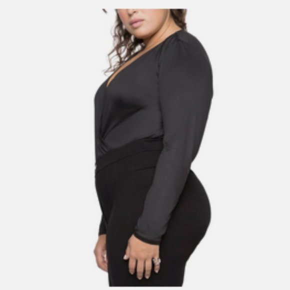 BLACK TAPE Women's Black Stretch Faux Wrap Style Long Sleeve Bodysuit - Picture 2 of 11